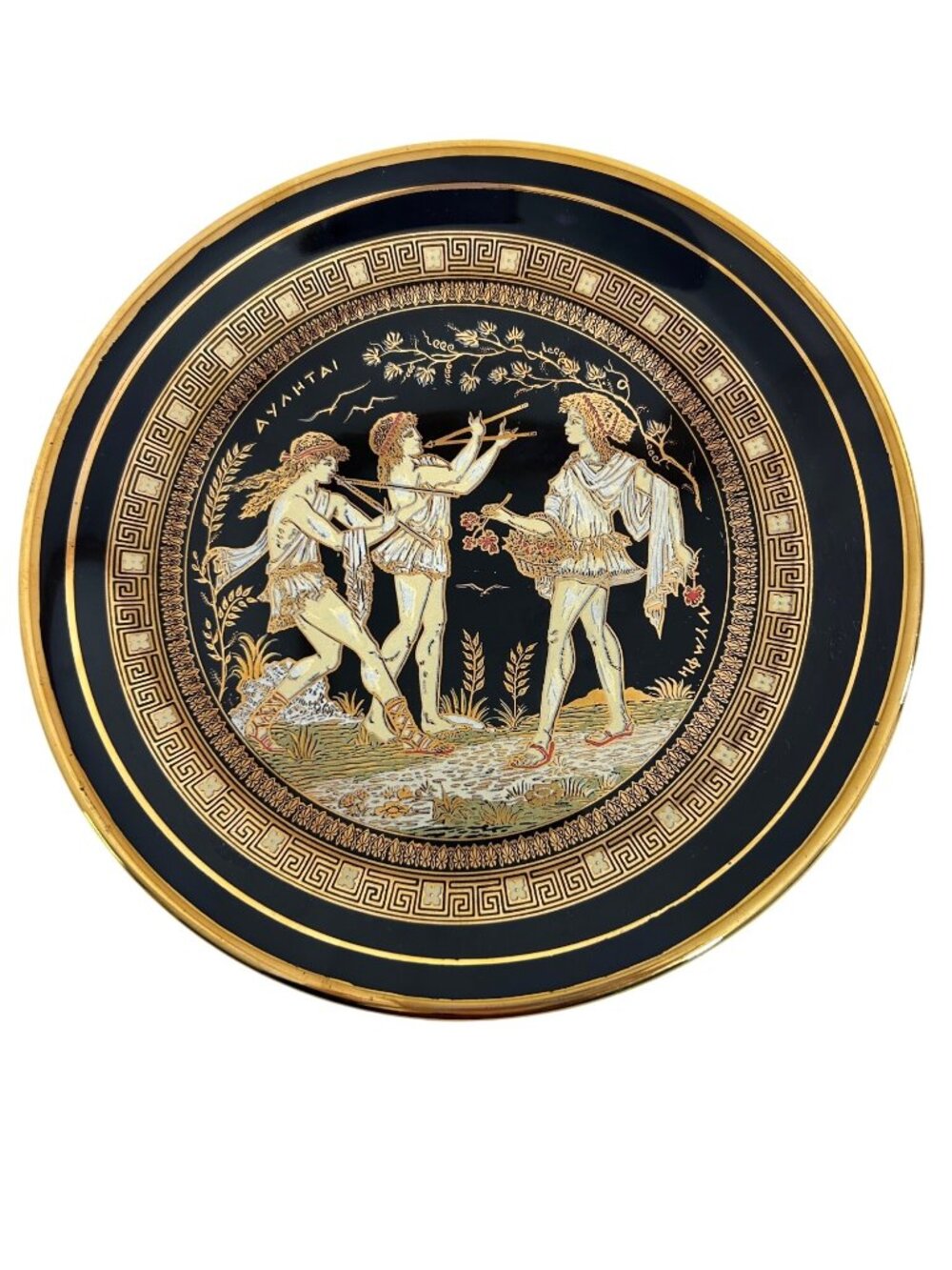 Parthenon Greece Plate Flute Players Nymph 24K Gold Handmade 8” Round Black